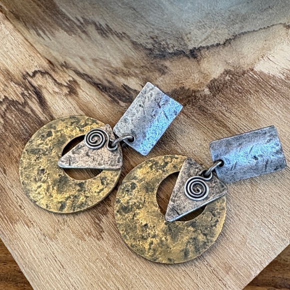 Artisan Gold and Silver Geometric Earrings - Picture 3 of 4